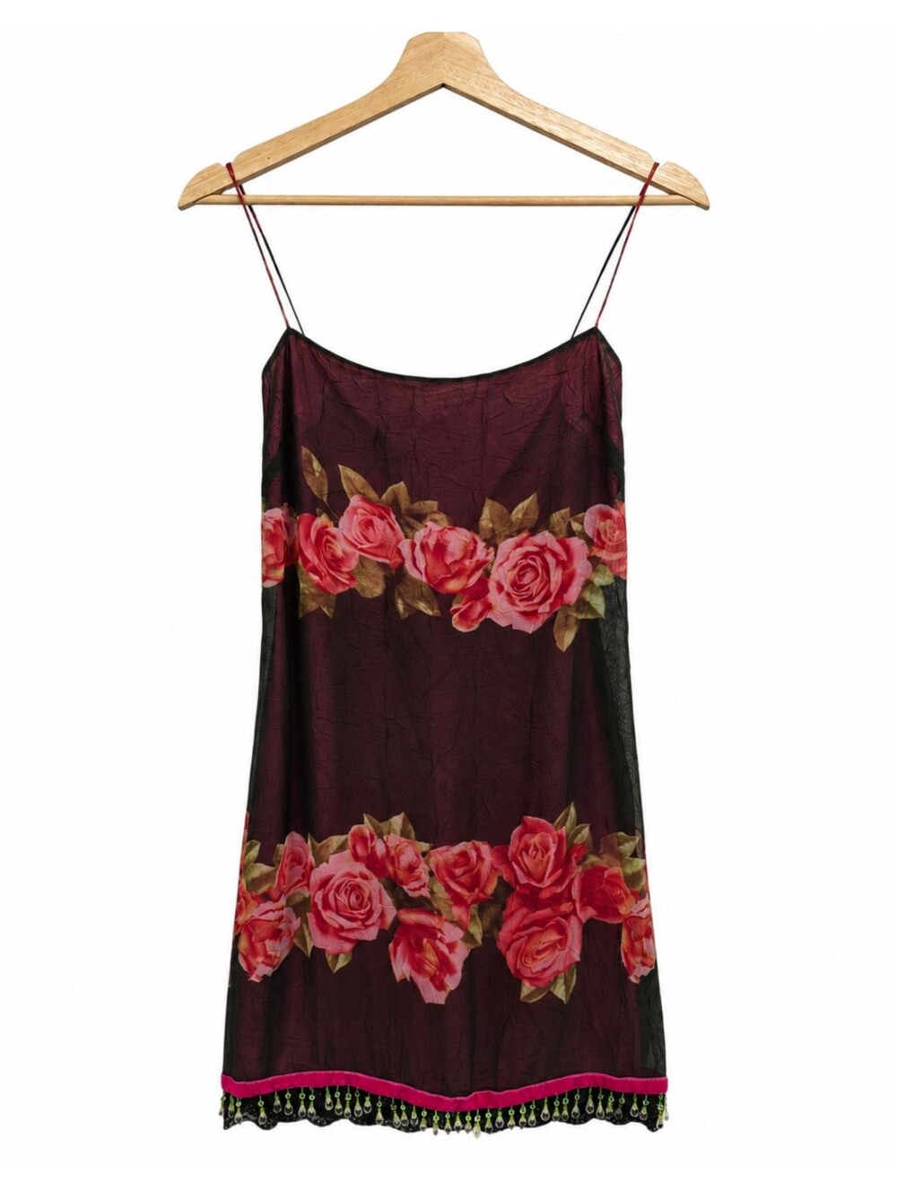 Vintage Y2K Rose Print Slip Dress Open Back Beaded Hem Velvet Trim S Made In USA